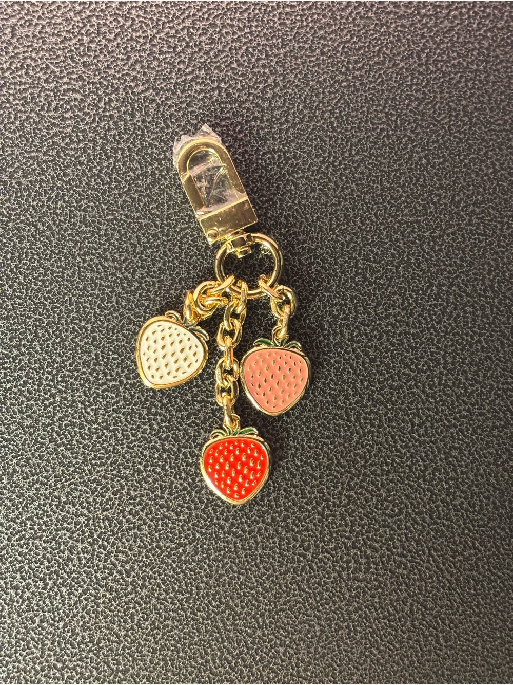 Gold Strawberry Charm Keychain with Red, Pink, and White Charms